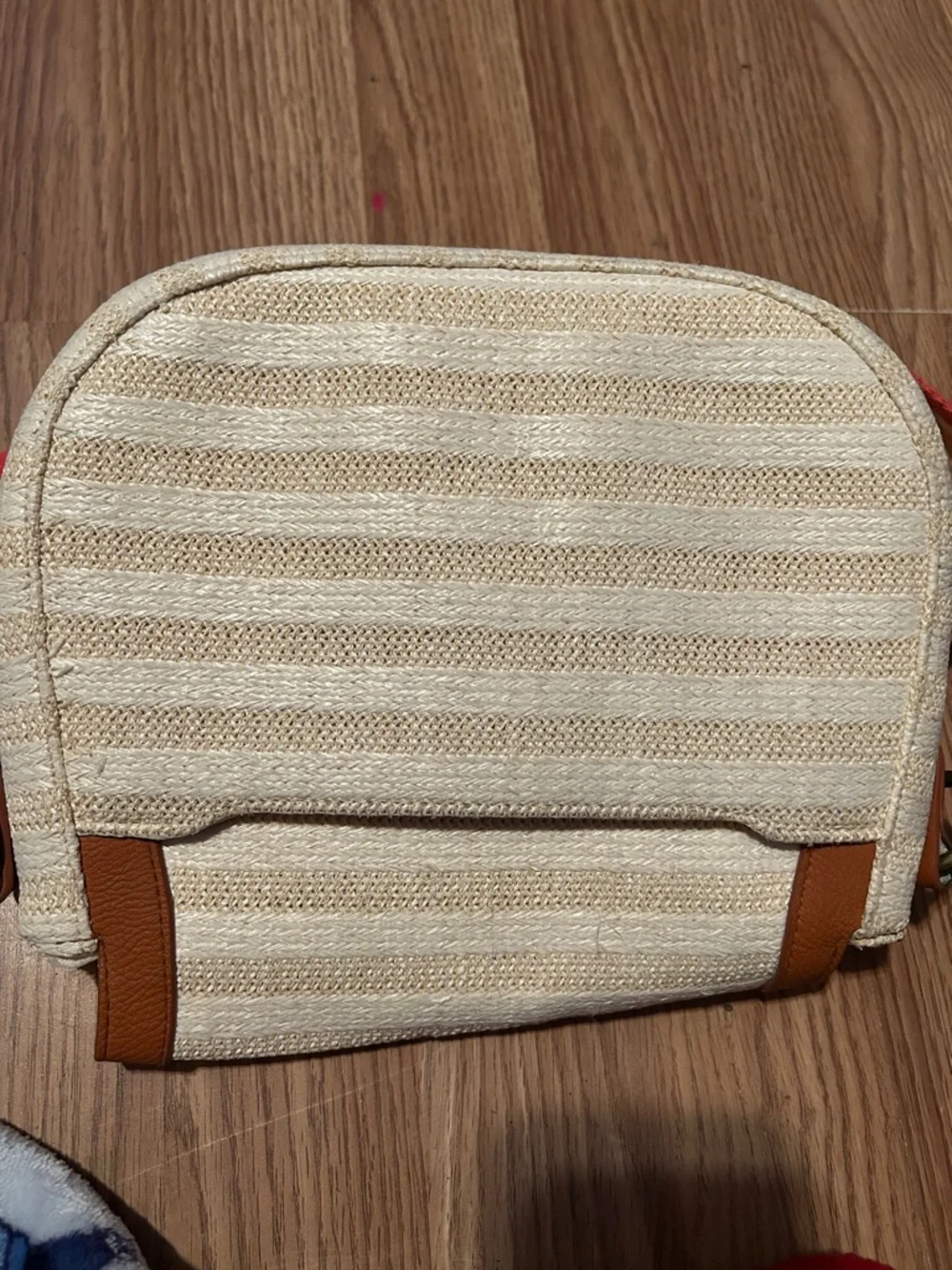 Universal thread Woven Straw Crossbody Bag with Tan Trim and Multicolor Strap